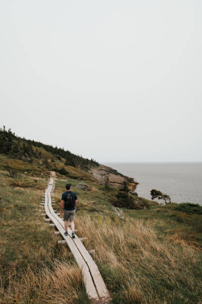 istock Man hiking trail along Newfoundland coastline on cloudy day. 1680880271