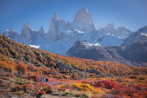 autumn in el chaltén with fitzroy peak in the background in El Chaltén, Santa Cruz Province, Argentina