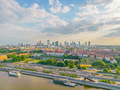 Aerial panorama of Warsaw, Poland over the Vistual river and Cit in Warsaw, Masovian Voivodeship, Poland