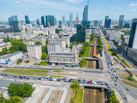 Modern City high rise skyscraper buildings. Aerial drone view of in Warsaw, Masovian Voivodeship, Poland