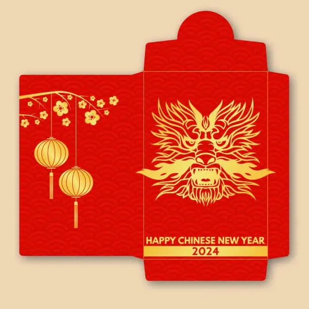 Vector illustration of Chinese New Year red envelope flat icon. Vector illustration. Red packet with gold dragon head and lanterns. Chinese New Year 2024 year of the dragon.