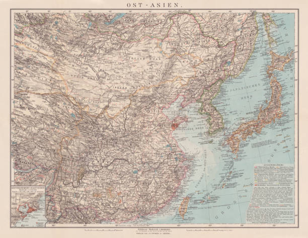 Map of China, Japan and Korea, chromolithograph, published in 1900 Historical map of East Asia with China, Japan and Korea. Explanations in German. Chromolithograph, published in 1900. colonies map stock illustrations