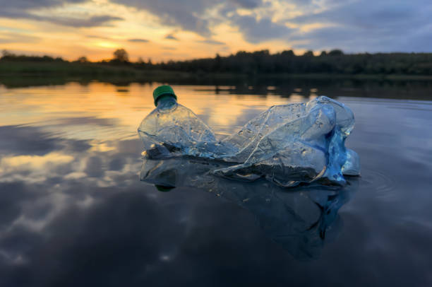 istock Plastic bottle garbage on sea shore lake. Collecting waste and garbage on beach. 1680899445