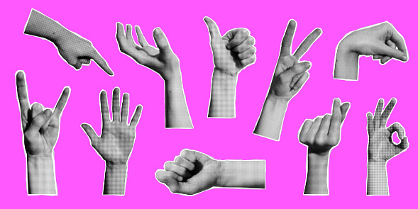 Vector set of retro halftone hands. Halftone collage elements. Torn paper. Trendy vintage collection of hands gesture signs. Modern set of collage with human palms. Paper cutout arms.