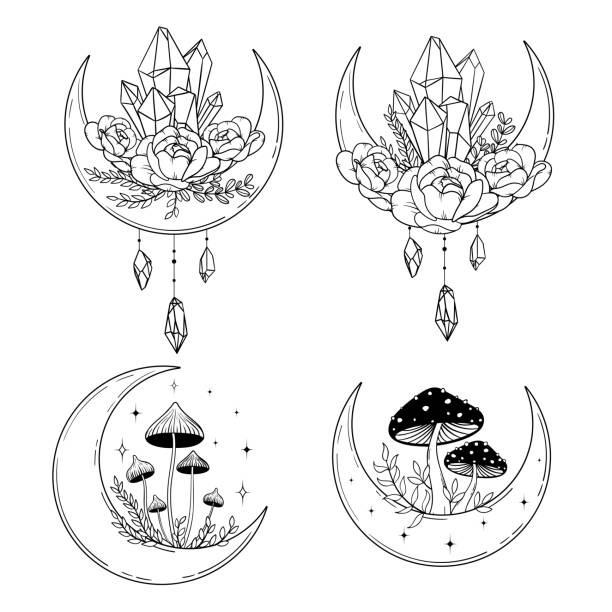 Vector line art mystical celestial magic witchcraft elements. Esoteric crescent moon, mushrooms, crystals, peone roses, stars, leaves, line art. Vector line art mystical celestial magic witchcraft elements. Esoteric crescent moon, mushrooms, crystals, peone roses, stars, leaves, line art. peone stock illustrations