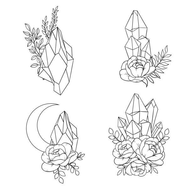 Vector line art mystical celestial magic witchcraft elements. Esoteric crescent moon,  crystals, peone roses, stars, leaves, line art. Vector line art mystical celestial magic witchcraft elements. Esoteric crescent moon,  crystals, peone roses, stars, leaves, line art. peone stock illustrations