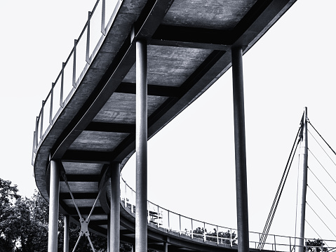 Abstract black and white photo of part of the suspension bridge of Sassnitz on the island of Ruegen, Germany