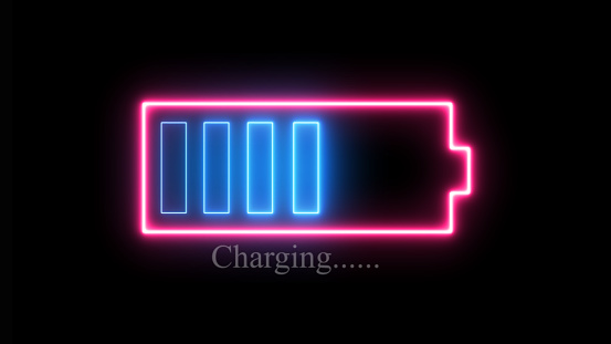 Battery charge neon sign. Abstract battery with charging symbol of in futuristic glowing polygonal style. Neon battery icon. Vector illustration