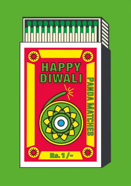 Vector illustration of happy diwali, bursts, illuminations, sparklers, and fire flower. icon in Matchbox, matches vector illustration. Vintage or antique packaging design. retro style packaging. Indian art old style design.