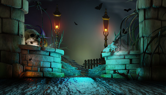 Halloween background. Spooky night scene with old castle. 3D render illustration.