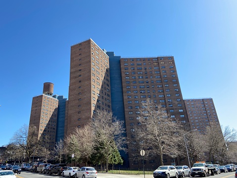 New York, NY USA - March 21, 2023 : Wide view of the New York City Housing Authority (NYCHA) Manhattanville Houses on a sunny day in West Harlem, New York City