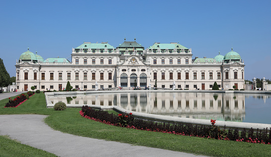 February 22, 2022: Facade of Belvedere Palace, public park, Vienna, Austria