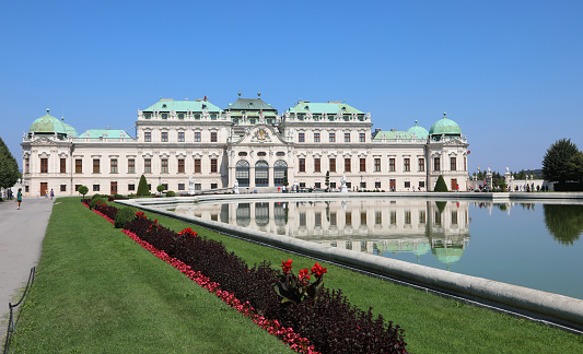 Vienna, Austria - July 6, 2016: The Belvedere is a historic building complex in Vienna, Austria, consisting of two Baroque palaces, the Orangery, and the Palace Stables. The buildings are set in a Baroque park landscape in the third district of the city, on the south-eastern edge of its centre. It houses the Belvedere museum.