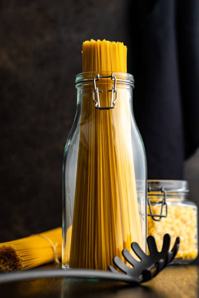 Spaghetti pasta. Uncooked italian pasta in jar.