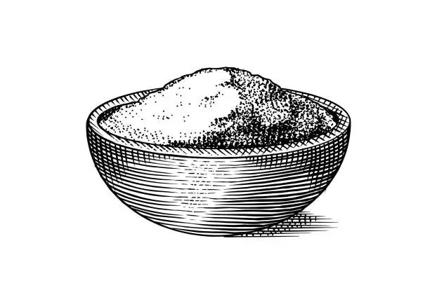 Vector illustration of Bowl with sea salt. Spice in natural packaging. Flavoring or saline. Vintage background banner. Engraved hand drawn old sketch.