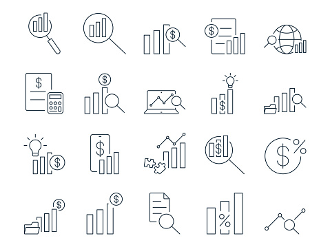 Analytics Icons Set. Chart, Statistics, Reporting, Metrics. Editable Stroke. Simple Icons Vector Collection