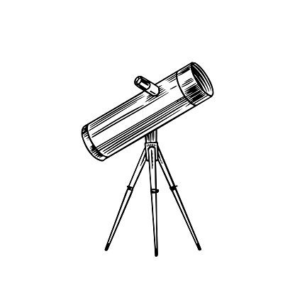 Astronomical telescope, vintage, engraved hand drawn in sketch or wood cut style, old looking retro scientific instrument for exploring and discovering Galileo Galilei. Vector illustration