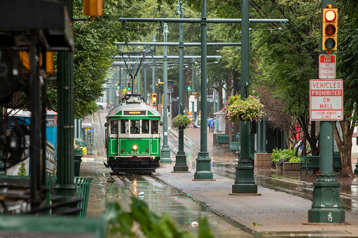 A rainy day in Memphis, TN, looking at the trolley line on Main St.
