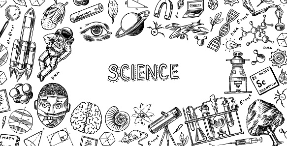 Science banner. Engraved hand drawn in old sketch and vintage style. Astronaut and rocket. Scientific formulas and calculations in physics and mathematics and biology or astronomy on whiteboard