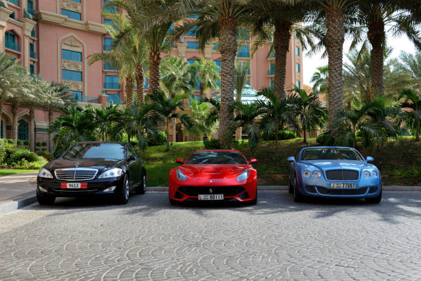 The Atlantis the Palm hotel and limousines stock photo