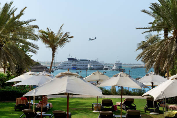 The landing SkyDive airplane is over the luxury yachts. stock photo