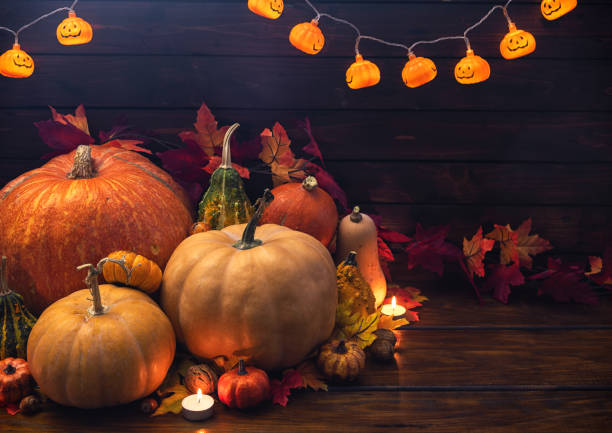 The splendor and vibrant autumn colors, pumpkins, rusty leaves and red rose hips
