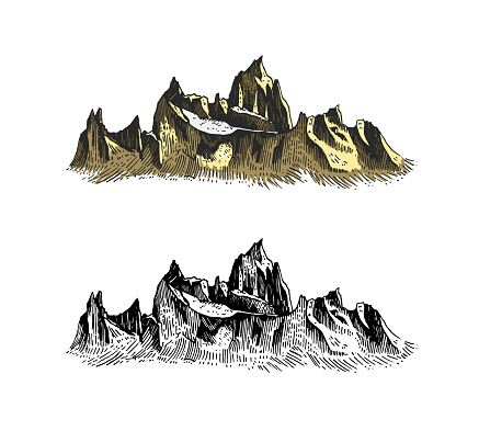 Mountains peaks. Old Hill. Vintage, looking hand drawn. Engraved style. Sketch for hiking, climbing. Doodle style. Vector illustration