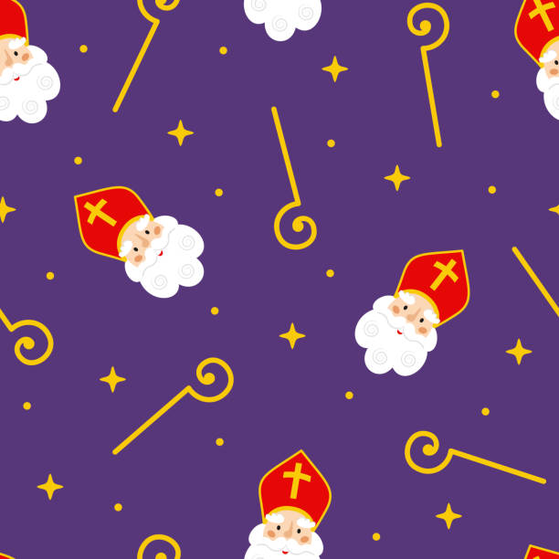 stockillustraties, clipart, cartoons en iconen met seamless pattern with sinterklaas or sint-nicolaas (saint nicholas) and his staff on dark purple background. dutch holiday celebration theme. - sinterklaas cadeaus