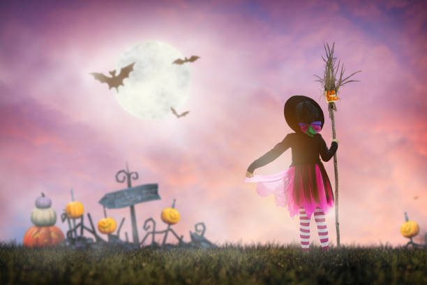Little witch flying broom on Halloween night. Huge full moon and bats in the background. Kids trick or treat costume. Children have fun. Spooky and scary celebration. Kid dressed as evil ghost.