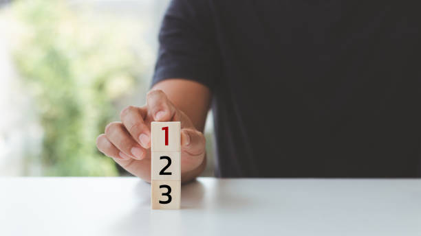 istock Task priority and management concept. The order of priority in any activity. Set work priorities, and arrange a to-do list. Hand arranging wooden cubes with numbers first, second, and third. 1681201502