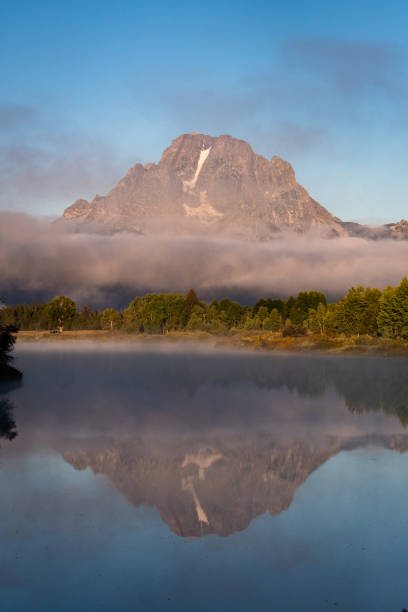 Mt Moran Foggy Reflection stock photo