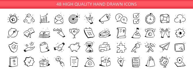 Doodle hand drawn big icons set of business, social media, web icons. Sketch symbols on different topics. Vector EPS 10