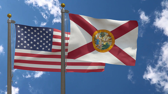 USA Flag and Florida State Flag on Poles, 3D Render, Two Flags together