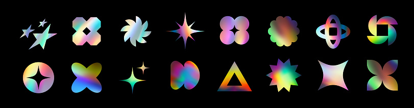 Holographic stickers. Hologram labels of different shapes. Sticker shapes for design mockups. Holographic textured stickers for preview tags, labels. Vector illustration