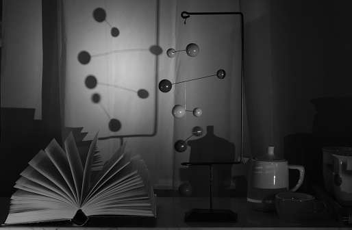 Open Book, decoration and cup,reading,education,relaxation,learning concept, black and white, good copy space