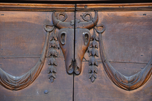 Door features at the romanesque church of San Michele Arcangelo in Bevagna, a historic town in the flood plain of the Topino river, in the province of Perugia, Umbria.
