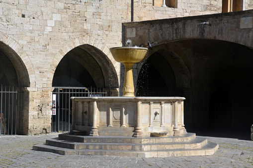 The monumental fountain in Bevagna, a historic town in the flood plain of the Topino river, in the province of Perugia, Umbria.