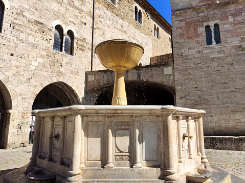 The monumental fountain in Bevagna, a historic town in the flood plain of the Topino river, in the province of Perugia, Umbria.