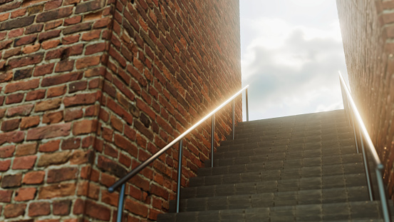 Horizontal image of pavement stairs between brick walls, sunset sky view, success theme, 3d illustration
