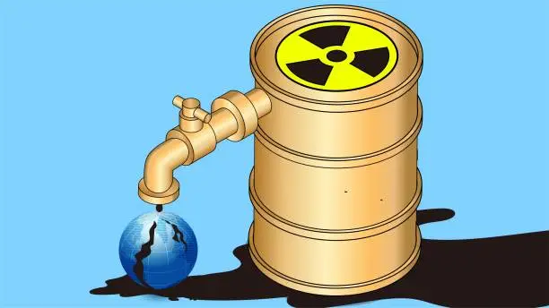 Vector illustration of Nuclear pollution, nuclear radiation, nuclear waste or nuclear effluent discharges, ecological pollution and pollution of sustainable renewable resources, turning on the taps of nuclear waste water tanks and flowing to the Earth