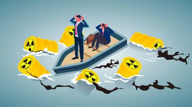 Vector illustration of Nuclear Waste Water Discharge and Pollution, Marine Pollution, Environmental Pollution, Businessman's Ship Desperately Sailing in an Ocean Full of Nuclear Waste Water