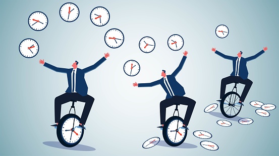 Time management and training, time control, work efficiency, time control in business projects or work, businessman riding unicycle training juggling clock