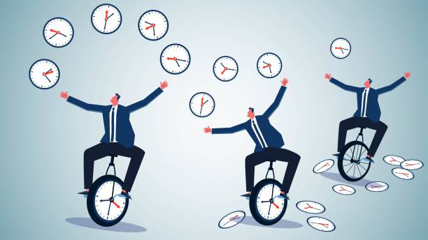 Time management and training, time control, work efficiency, time control in business projects or work, businessman riding unicycle training juggling clock Time management and training, time control, work efficiency, time control in business projects or work, businessman riding unicycle training juggling clock Managing Talent and Project Demands stock illustrations