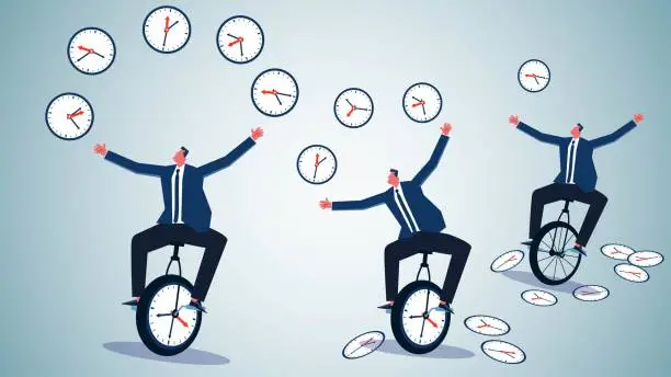 Vector illustration of Time management and training, time control, work efficiency, time control in business projects or work, businessman riding unicycle training juggling clock
