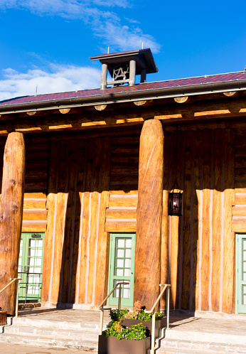 Los Alamos, NM: A detail of the historic Fuller Lodge designed by architect John Gaw Meem; the school bell on top dates from the origins of the Lodge—when it served as a schoolhouse.