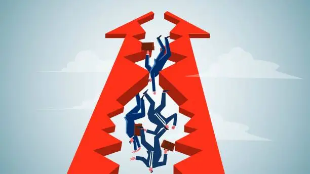 Vector illustration of Pitfalls or crises, wrong direction of development, wrong business investment decisions or business failures, uncertainty of risks and problems, businessmen falling down from the middle of the cracks of broken arrows