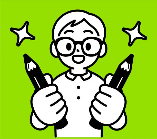 Vector illustration of A studious boy wearing Horn-rimmed glasses holding two creative pencils, smiling and looking at the viewer, minimalist style, black and white outline