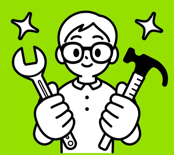 Vector illustration of A studious boy with Horn-rimmed glasses holding a wrench and a hammer, smiling and looking at the viewer, minimalist style, black and white outline