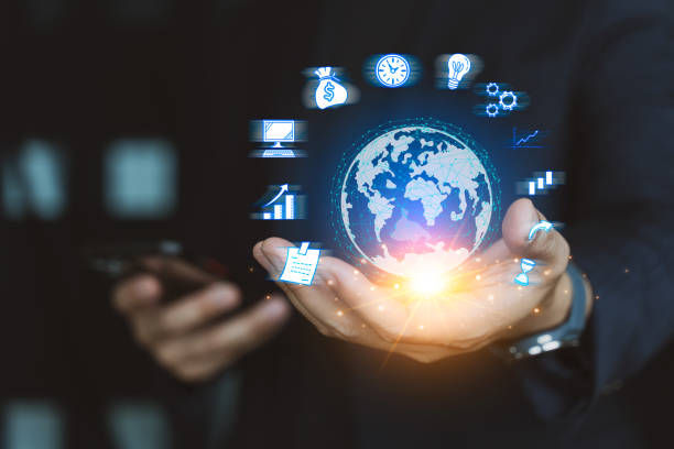 istock Business people holding virtual Global Internet connection, Internet connection application technology, Business digital marketing, Financial and banking, Big data and technology cloud server. 1681517289