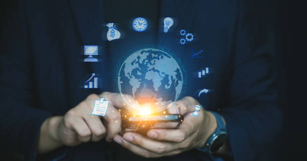 istock Business people holding virtual Global Internet connection, Internet connection application technology, Business digital marketing, Financial and banking, Big data and technology cloud server. 1681518140